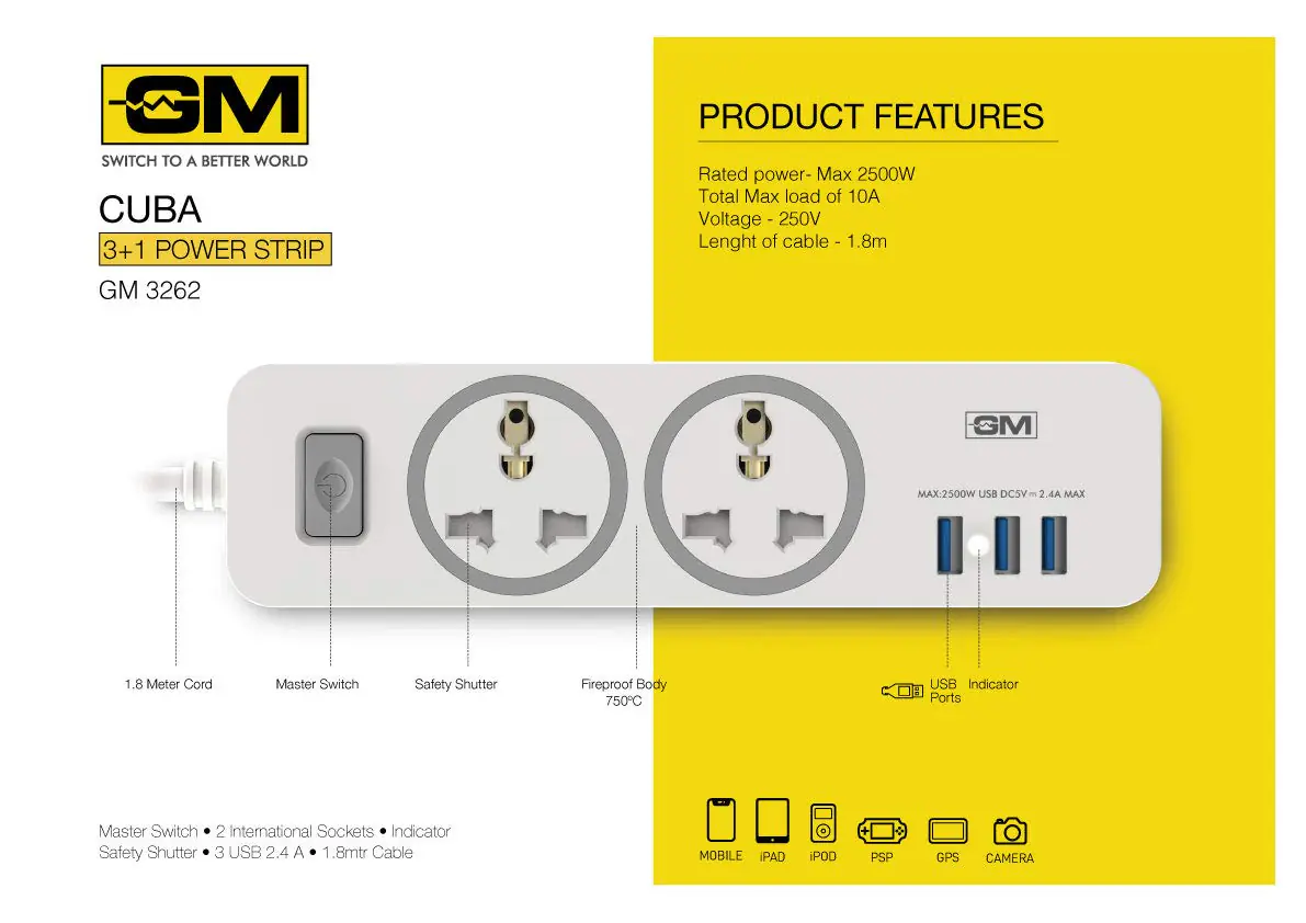 GM Power Strip with Master Switch & USB 3262 CUBA 3+1 | 2 International Sockets | 3 USB Port